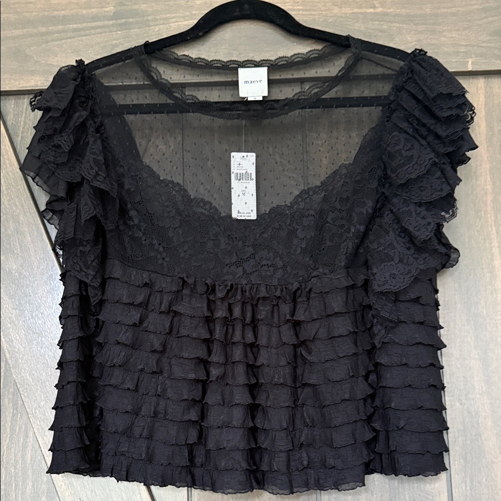 Maeve Black Lace & Ruffle Sheer Yoke Blouse